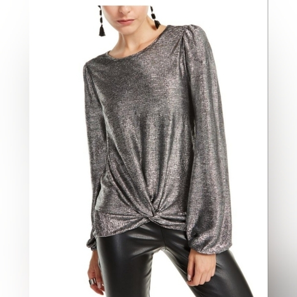INC International Concepts Tops - INC Metallic Top Womens size S Silver Round Neck Long Sleeve Twisted Hem